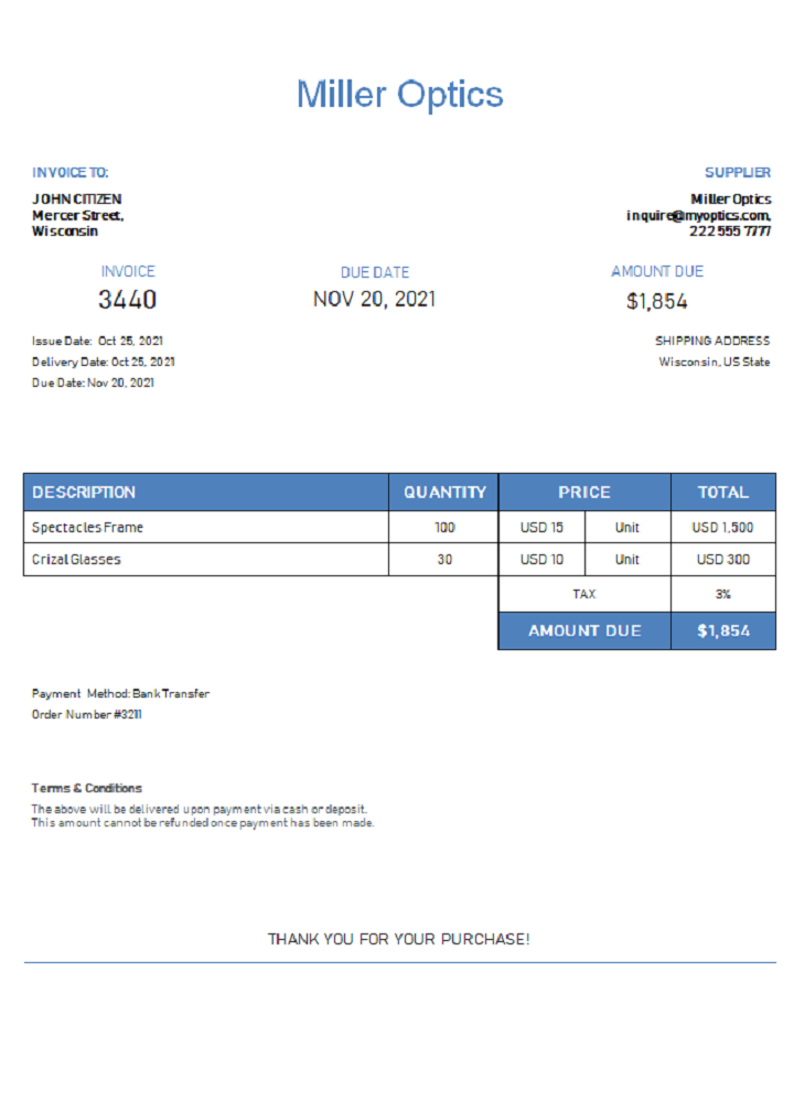 USA Miller Optics invoice PSD template